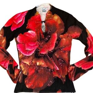 ALBERTO MAKALI Sweater Long Slv hot pink black sequin Embellished Floral Size M